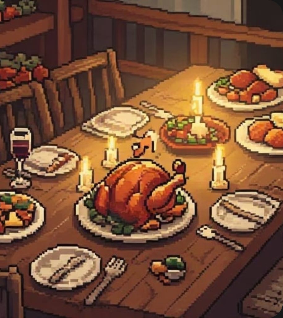 Pixel-Art: festlich gedeckter Tisch mit Braten und Kerzen