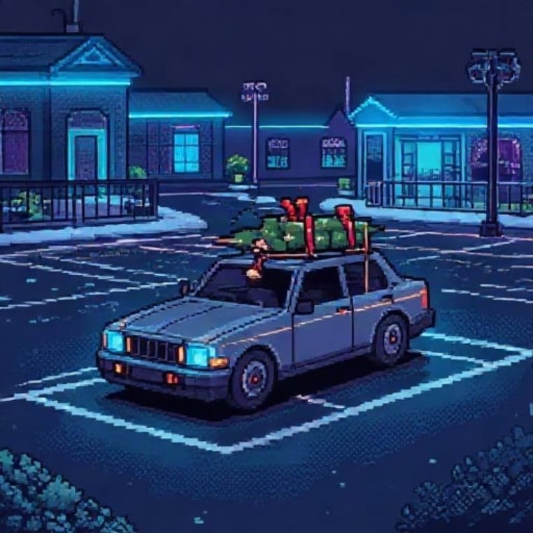 Pixel-Art: Auto mit Weihnachtsbaum auf dem Dach auf einem nächtlichen Parkplatz