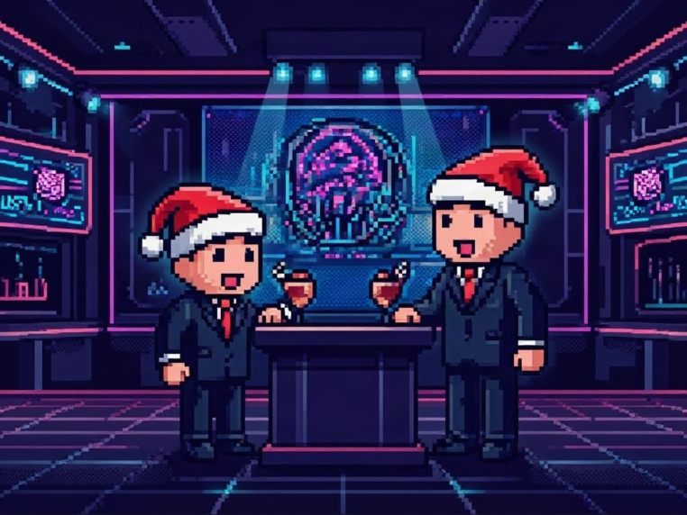 Pixel-Art: zwei Personen mit Weihnachtsmützen an einem Rednerpult in Neon-Kulisse