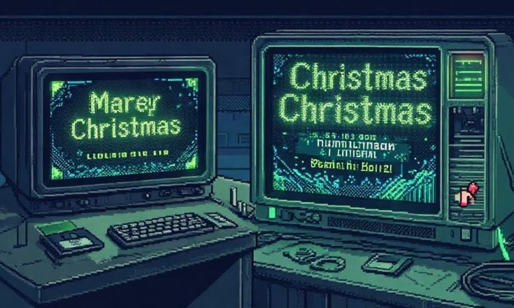 Pixel-Art: zwei Röhrenmonitore mit Weihnachtsgruß