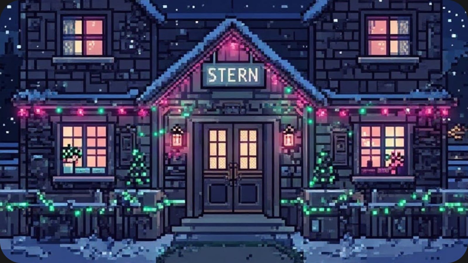 Pixel-Art: Gasthaus Stern mit Lichterketten im Schnee