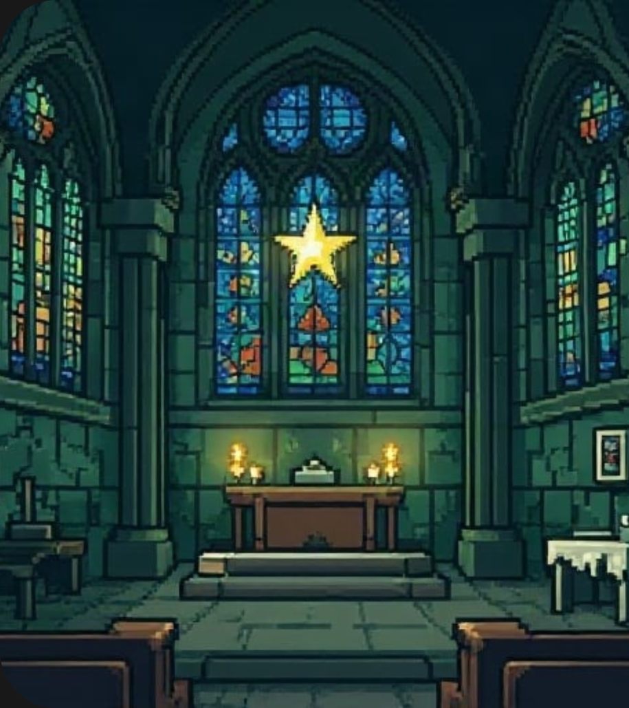 Pixel-Art: Kirchenraum mit bunten Fenstern, Stern und Kerzen am Altar