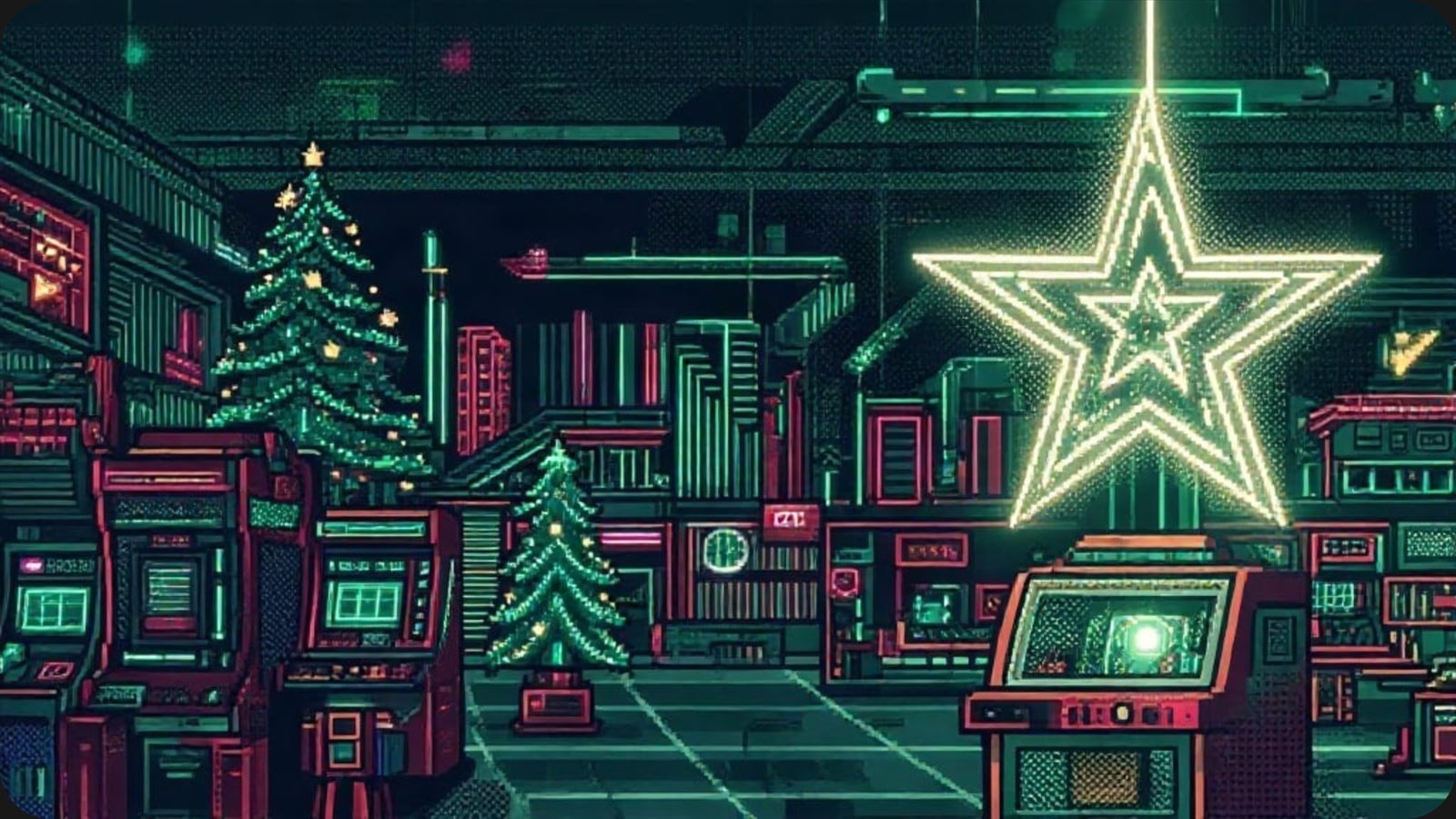 Pixel-Art: leuchtender Neon-Stern über einer Retro-Stadt mit Weihnachtsbäumen und Spielautomaten