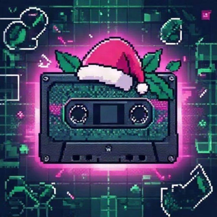 Pixel-Art: Musikkassette mit Weihnachtsmütze