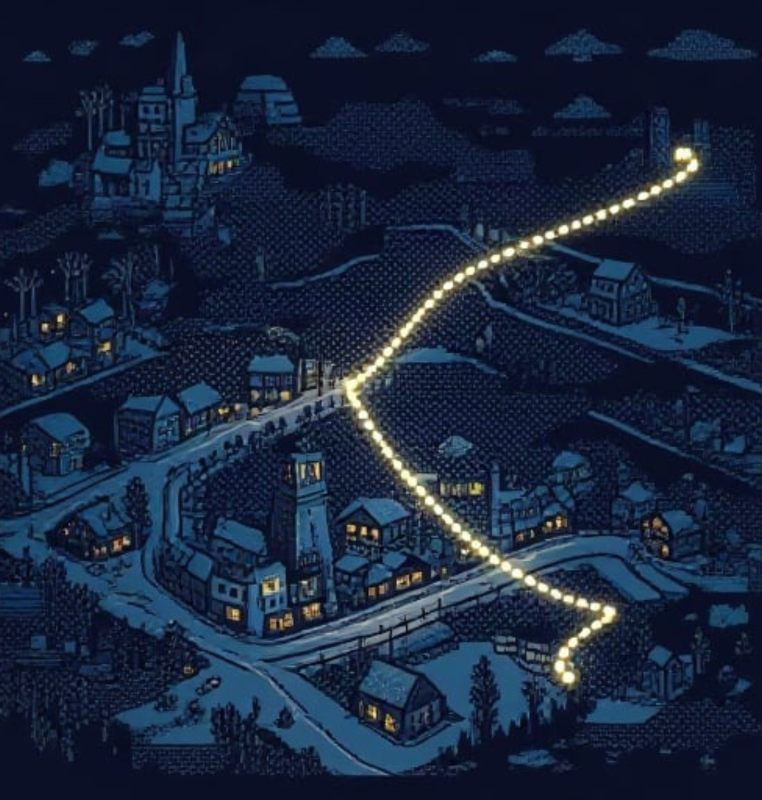 Pixel-Art: leuchtender Pfad durch ein verschneites Dorf bei Nacht
